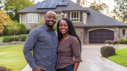 Happy black couple standing in the driveway of their house smiling, solar panels on roof, sunny weather