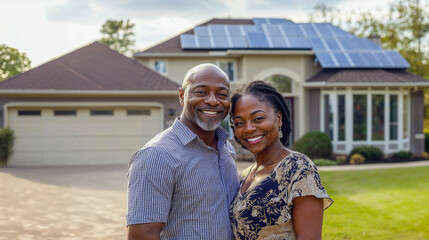 Happy black couple standing in the driveway of their house smiling, solar panels on roof, sunny weather