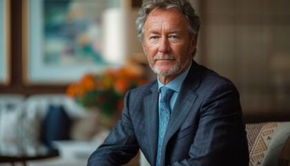 Professional Man Sitting Confidently in Elegant Room Surrounded by Beautiful Flowers in Early Morning Light