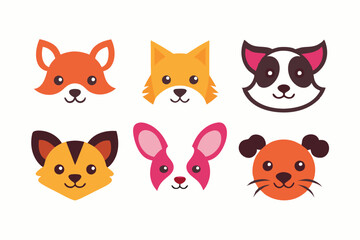 6 Adorable Animal Head Logos: Rabbit, Cat, Dog, Cow, Pig, Panda | Vector Icons & Clipart Design