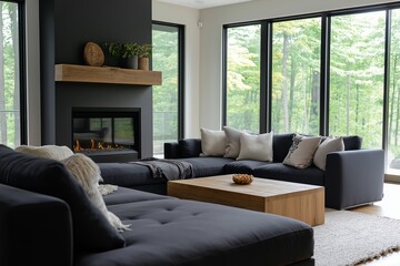 Fototapeta premium A living room with a black couch, a coffee table, and a fireplace. Interior designs