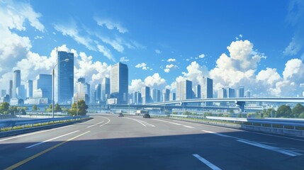 Fototapeta premium Anime Style Asphalt Highway Road with City Skyline Background