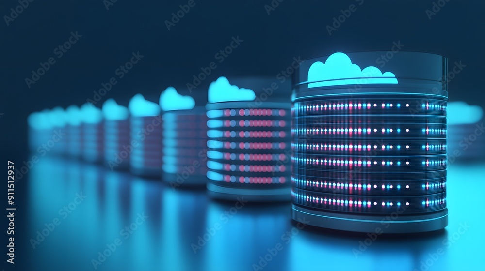 Poster modern data servers with cloud technology and illuminated led lights in a row, representing data sto
