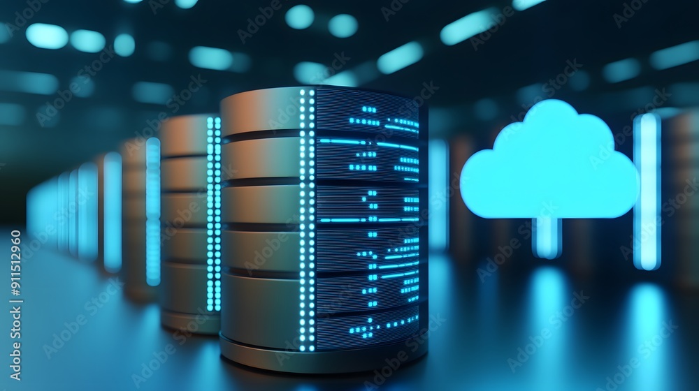 Poster modern data center with cloud computing technology, featuring illuminated servers and a digital clou