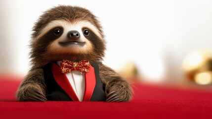 Fototapeta premium A cartoonish looking sloth wearing a red suit and gold chain