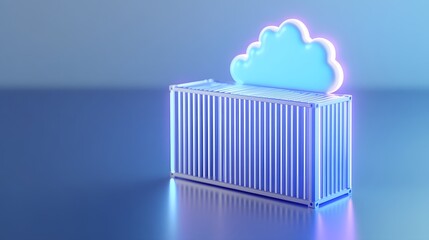 Obraz premium Neon cloud above a shipping container. Concept of cloud storage, computing, and logistics in modern technology.