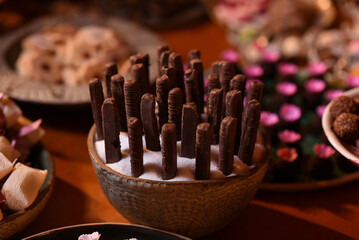 chocolate and coffee beans, chocolate sticks, chocolate, tray with sweets, sweets table
