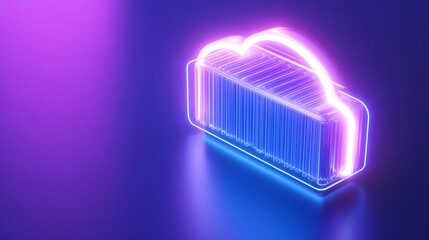 Neon cloud data storage icon in futuristic design on a blue and purple gradient background, representing modern technology and digital solutions.