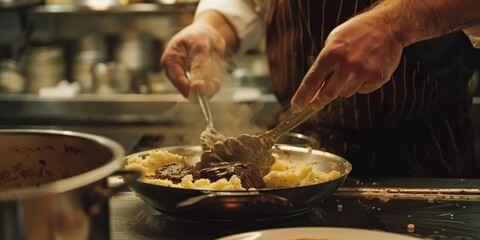 Fototapeta premium Chef preparing braised veal cheeks with creamy mashed potatoes in a restaurant kitchen