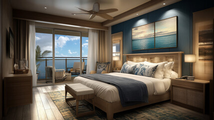 Depict the interior of a luxurious cabin or suite, featuring comfortable beds, private balconies with ocean views, and stylish decor, emphasizing the comfort and privacy of accommodations