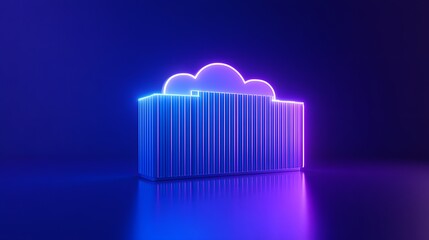 Obraz premium Neon cloud storage container on a dark background, representing modern data storage and technology with vibrant blue and purple lighting.
