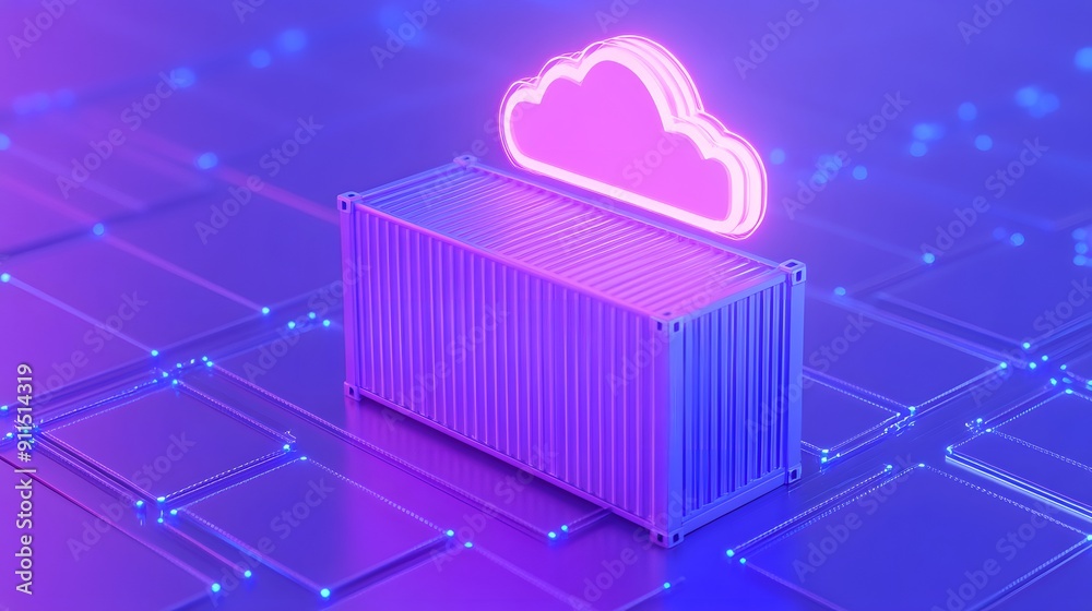 Poster neon container with cloud symbol on a digital circuit. concept of cloud computing, data storage, and