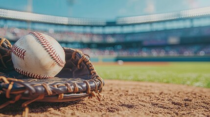 Close up of a baseball and glove on sport stadium field background. Sports banner. Baseball advertisement