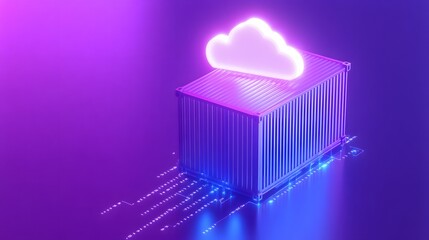 Fototapeta premium Neon illuminated cloud computing container on data network background, symbolizing digital storage and futuristic technology concept.