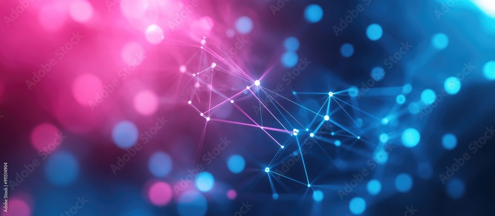 Poster abstract futuristic digital network visualization with interconnected points in blue and pink techno