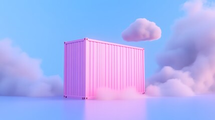 Pink shipping container amidst fluffy clouds under a blue sky. Surreal and whimsical scene blending industrial and dreamy elements.