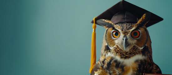 Adorable brown owl wearing a graduation cap against a pastel green background with space for text. Banner for study offers, online courses, college, university, and school advertising