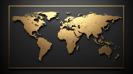 Gold world map over black backdrop with golden border. Global gold market concept