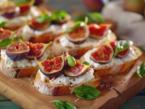 Freshly baked bread served with sliced figs on a wooden cutting board, perfect for a rustic breakfast or snack