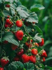 A bush full of ripe strawberries with green leaves, ideal for cooking or decoration