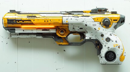 Naklejka premium Futuristiclooking yellow and white laser gun on a white surface
