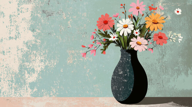 Illustrate a vase made from recycled materials or sustainable resources, filled with locally sourced flowers, highlighting environmental consciousness and creativity. 