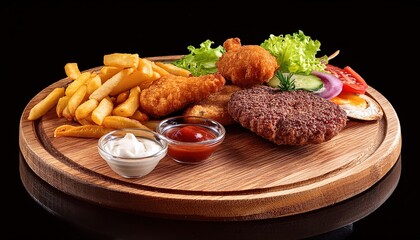 Fast Food Menu: Burger with Fries and Sauces in Paper Box or Plates, Tacos, Steak, and Soup, Plated on Wood Board or Marble, White or Dark Background