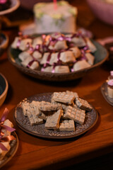 sweets background, assorted sweets, sweets table, brigadeiro, party sweets, seen from above, top view	