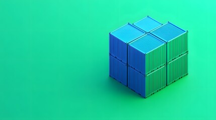 Stack of blue shipping containers arranged in a cube shape on a green background, symbolizing logistics and transportation.