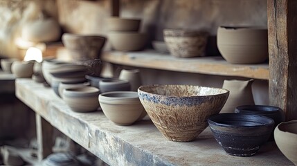 crafted pottery, hand made pottery and ceramic bowls, hobby and leisure concept