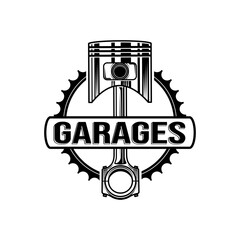 Vintage Auto Car Logo Badge With Piston And Gears Element. Garage Logo Badge with piston and gear vector. Piston, gear and space for text. Repair service emblem, signboard.