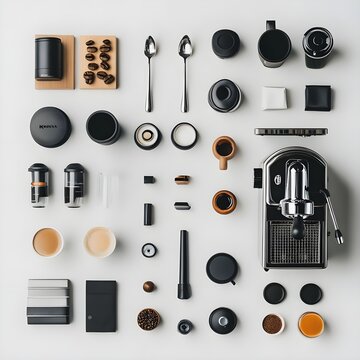 knolling photography of coffee machine for barista