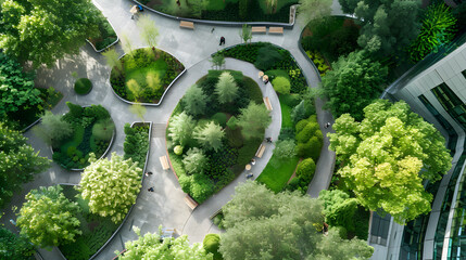 Aerial view of a sustainable smart city with green spaces and clean energy 