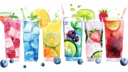 Illustration of summer cocktails in watercolor painting style. Bright summer cold, refreshing cocktails with ice cubes, fruits and berries isolated on white background. Generative AI.