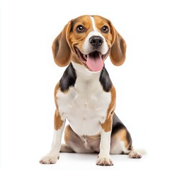 Happy beagle dog collection (sitting, standing, portrait, lying) isolated on a white background, animal bundle