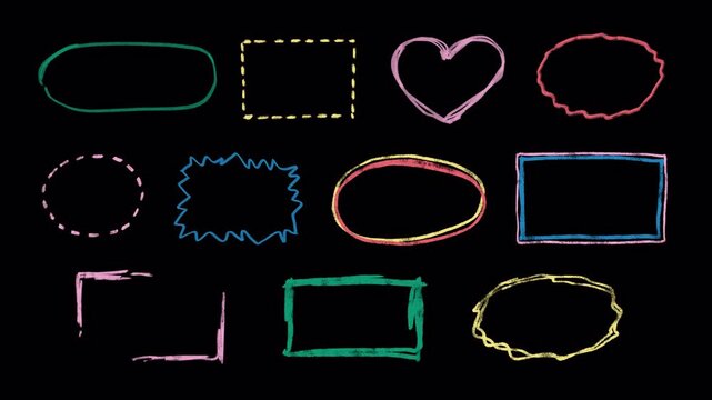 Set of Hand-drawn cute shapes, kid style, colorful box lines: wiggle animation, pencil crayon, rough, bubble speech, borders, frames, sketching elements on a transparent background, alpha channel