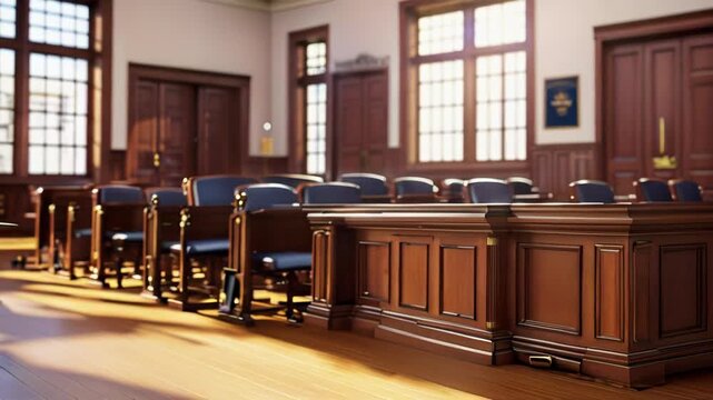 A well-lit courthouse setting showcases wooden furnishings as people gather for afternoon legal discussions and proceedings