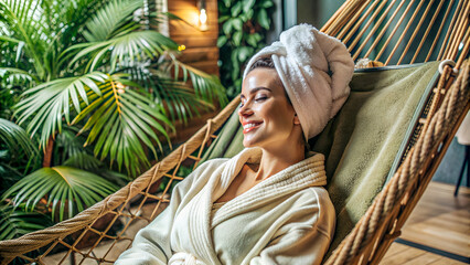 Serene woman in bathrobe with towel on hammock, perfect for spa and wellness promotions, relaxation advertisements, or lifestyle articles