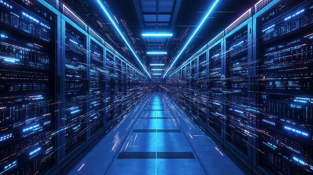 A modern data center server room featuring rows of servers with blue LED lighting, illustrating advanced technology and high-speed data processing in a futuristic setting. - Powered by Adobe