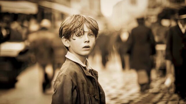 A young boy standing alone on the street, vintage 1900s style sepia image