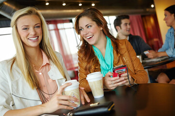 Portrait, funny or girl friends at coffee shop for joke humor, reunion or morning chat together....