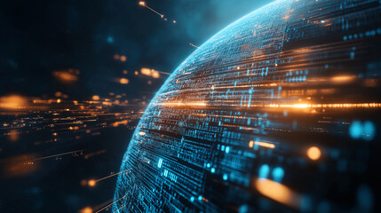 A digital visualization showing streams of data traveling quickly around a glowing blue planet, representing connectivity and technological advancement.