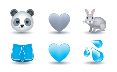 6 Emoticon isolated on white background. Blue and gray heart, panda, rabbit, blue short and water drop vector emoji Illustration. 3d Illustration set. © Turkan Jabbarli