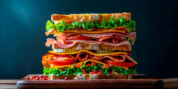 Delicioso y enorme emparedado de Amon con queso en una mesa de madera y fondo azul marino 