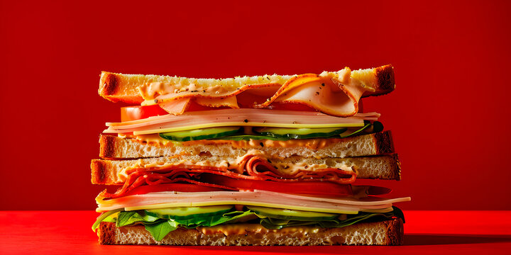 Delicioso y enorme emparedado de jam&oacute;n en fondo rojo aislado 
