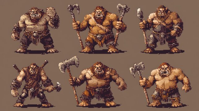 32x32 pixel art ogres with clubs in various attacking and idle poses for a fantasy dungeon game.