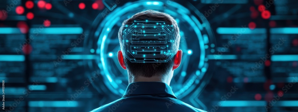 Poster strategy, ai technologist developing algorithm strategies, surrounded by digital interfaces, focused