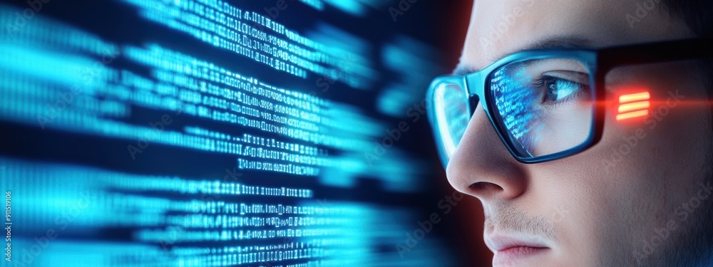 Poster strategy, ai technologist developing algorithm strategies, surrounded by digital interfaces, focused