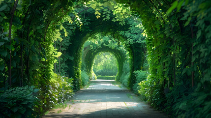 A serene pathway covered by a lush green tunnel in a sunny garden, creating a peaceful and refreshing atmosphere.