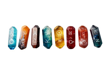 Set of colorful, polished rune stones in a row. Mystical symbols etched on each stone for divination and spiritual guidance.